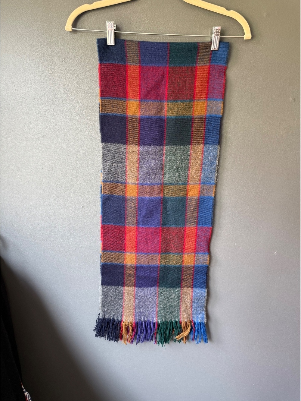 Colorful Plaid Wool Blend Scarf with Fringe